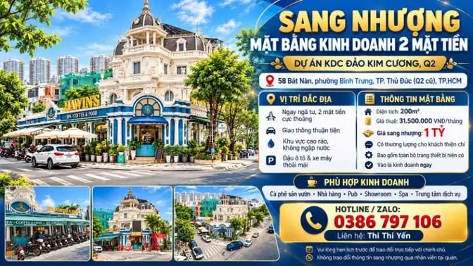Sang nhượng mặt bằng kinh doanh 2 mặt tiền dự án KDC đảo kim cương, Q2