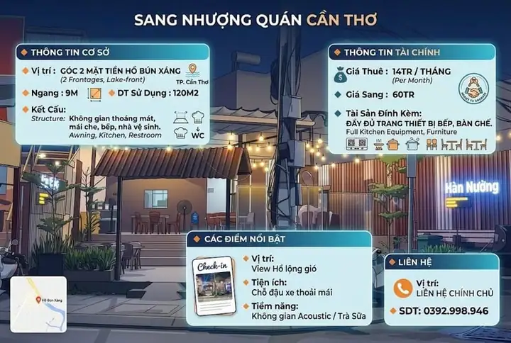 Sang nhượng quán góc 2 mặt tiền view hồ bún xáng – trung tâm Cần Thơ
