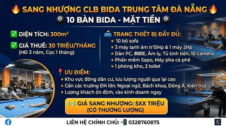 Sang nhượng CLB bida – mặt tiền ,trung tâm thành phố Đà Nẵng