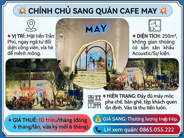 Chính chủ sang quán cafe 250M² đường Trần Phú – TP. Thái Bình – giá thuê chỉ 10TR