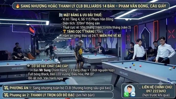 Sang nhượng hoặc thanh lý CLB billiards 14 bàn – 115 Phạm Văn Đồng, Cầu Giấy