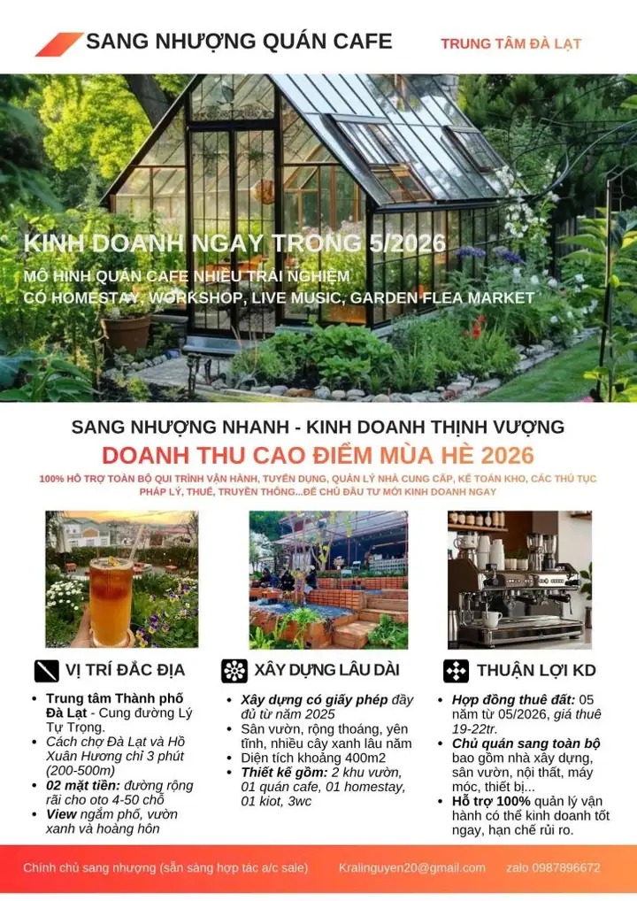 Cơ hội kinh doanh mùa hè 2026 – sang nhượng tổ hợp cafe & homestay trung tâm Đà Lạt