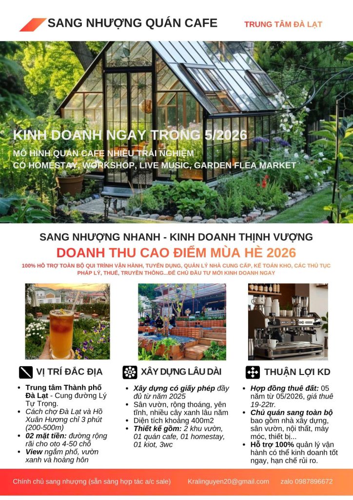 Cơ hội kinh doanh mùa hè 2026 – sang nhượng tổ hợp cafe & homestay trung tâm đà lạt