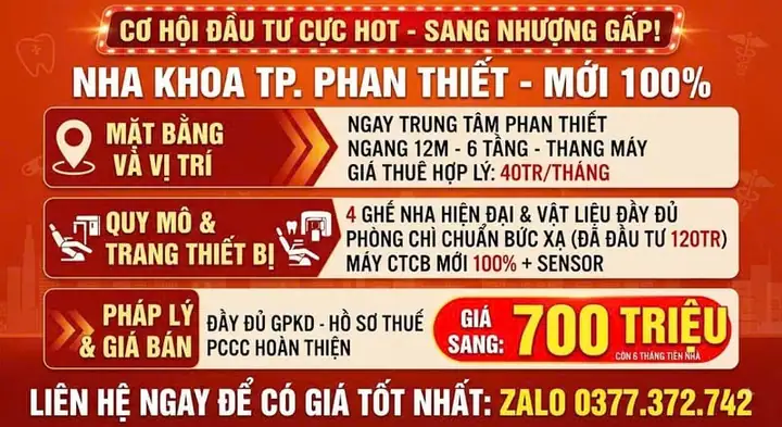 Sang nhượng – phòng khám nha khoa mới 100% – trung tâm TP. Phan Thiết